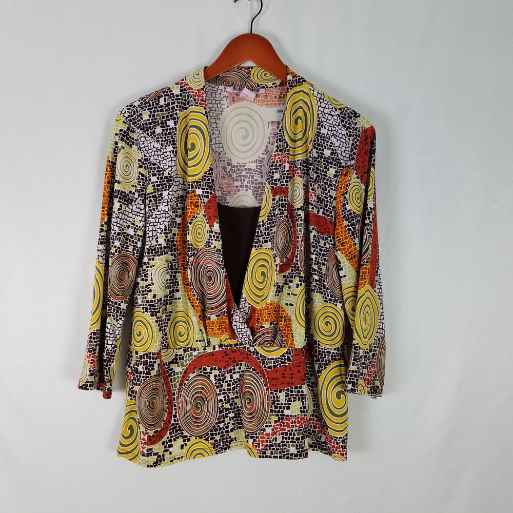 Stylish Spiral Print Blouse Jacket - Yellow, Red & Brown